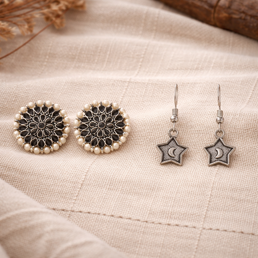 Carved Charm Dangler earrings &  You're a star dangler earrings (Silver) Combo set