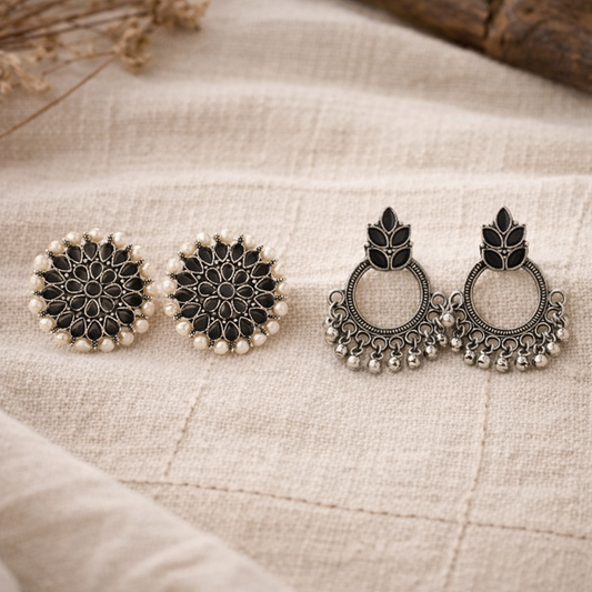 Carved Charm Dangler earrings &  Fine Shine stud earrings (Black) Combo set