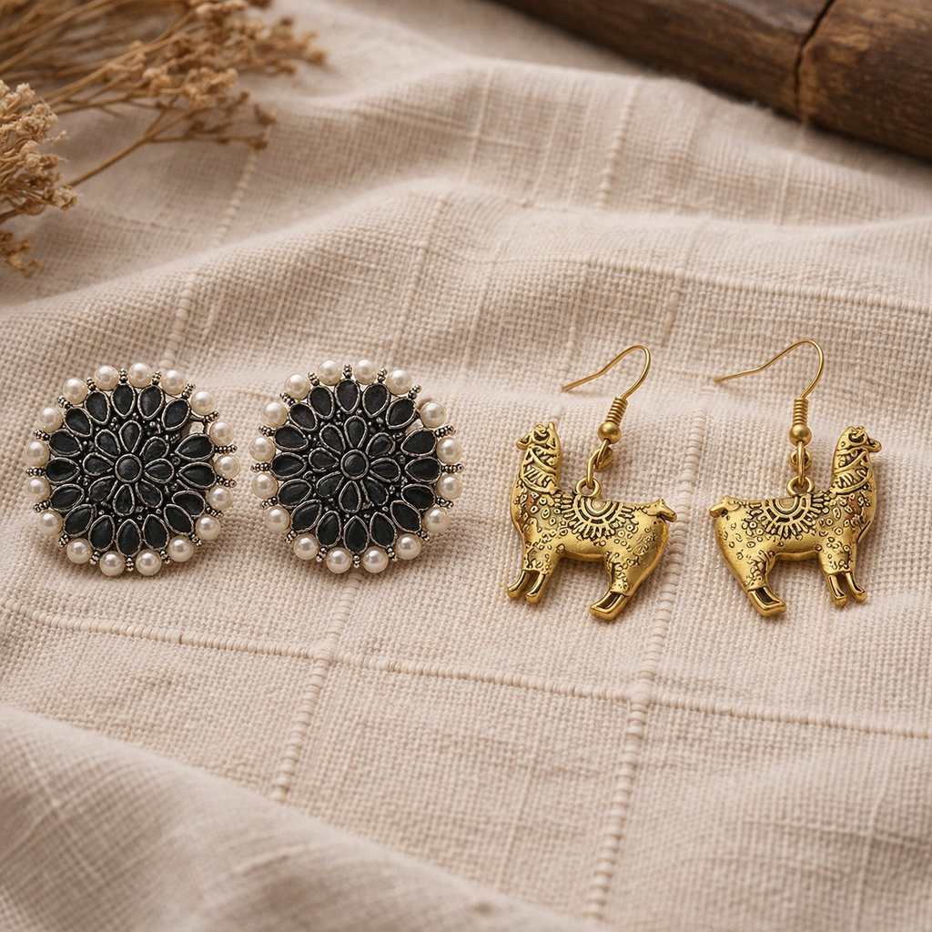 Carved Charm Dangler earrings &  Lama Drama dangler earrings Combo set