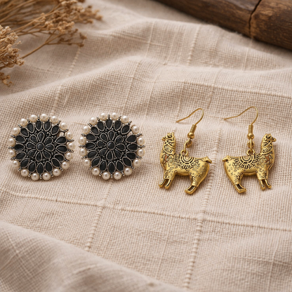 Carved Charm Dangler earrings &  Lama Drama dangler earrings Combo set