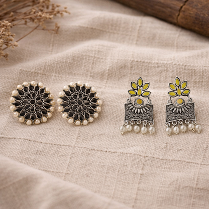 Carved Charm Dangler earrings &  Flora-Aura stone studded dangler earrings (Yellow) Combo set
