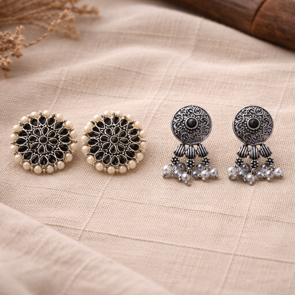 Carved Charm Dangler earrings &  Button rays stud earring (Black) Combo set