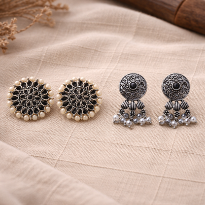 Carved Charm Dangler earrings &  Button rays stud earring (Black) Combo set