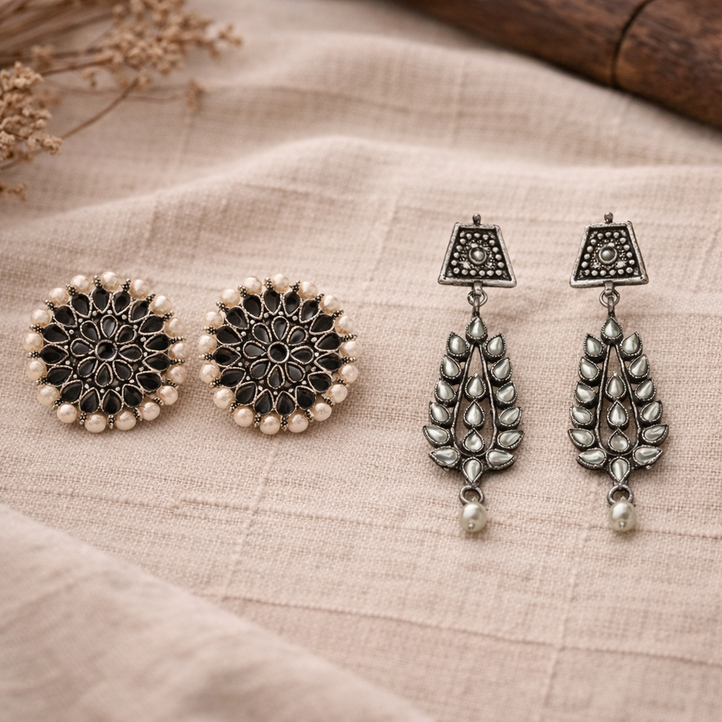 Carved Charm Dangler earrings &  Precious Petal stone studded dangler earring (White) Combo set