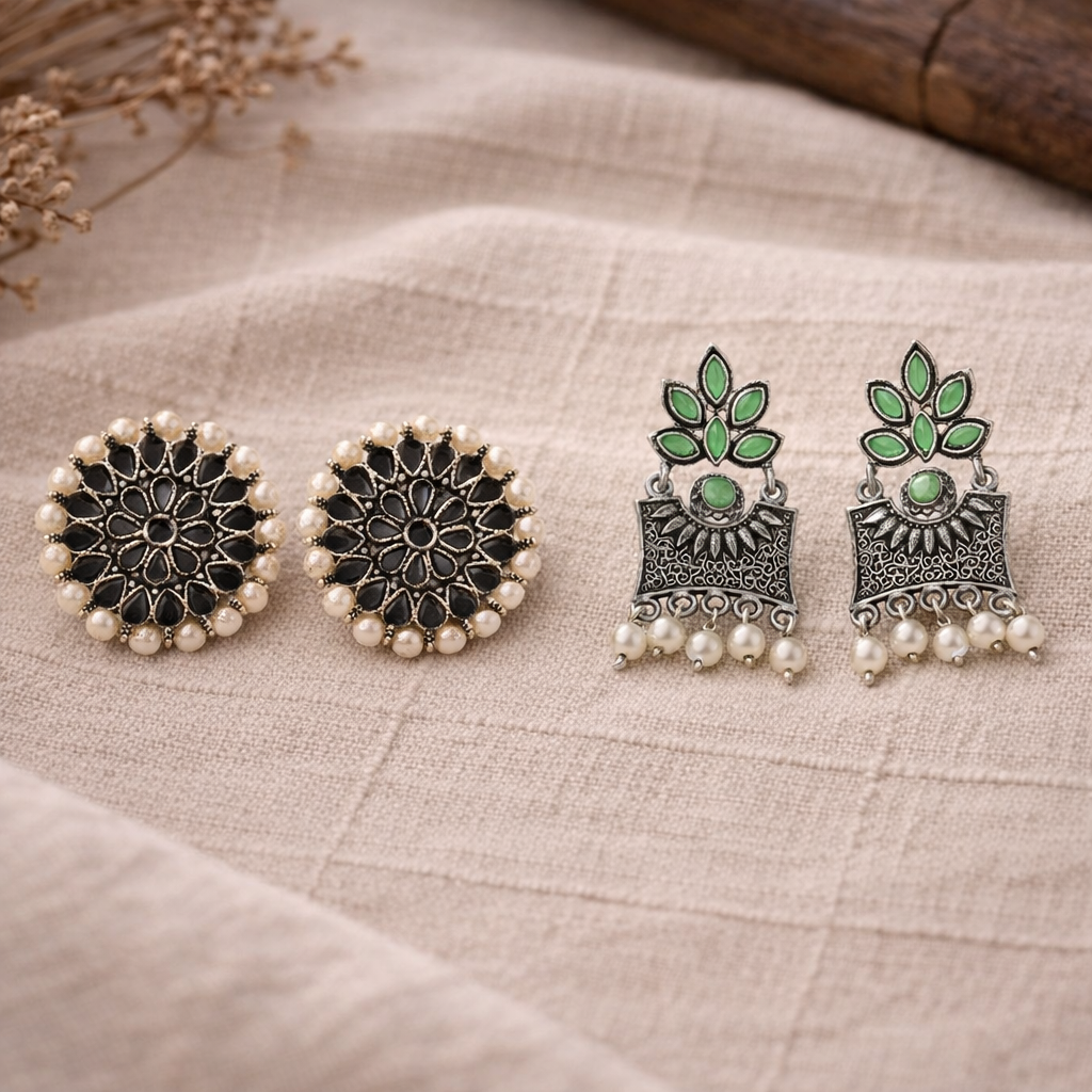 Carved Charm Dangler earrings &  Flora-Aura stone studded dangler earrings (Pista) Combo set