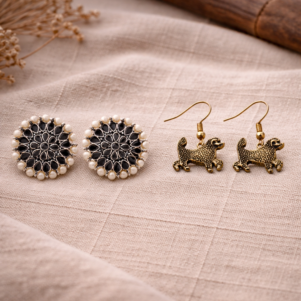 Carved Charm Dangler earrings &  Pawfect spark dangler earrinngs Combo set