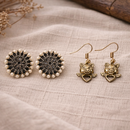 Carved Charm Dangler earrings &  Oink Oink dangler earrings Combo set