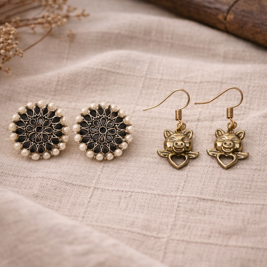 Carved Charm Dangler earrings &  Oink Oink dangler earrings Combo set