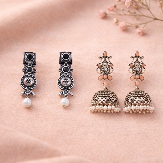 Kalash Kamal Jhumka earring (Light Orange)&Wonderful wildflower oxidised stud earrings (Black) Combo set
