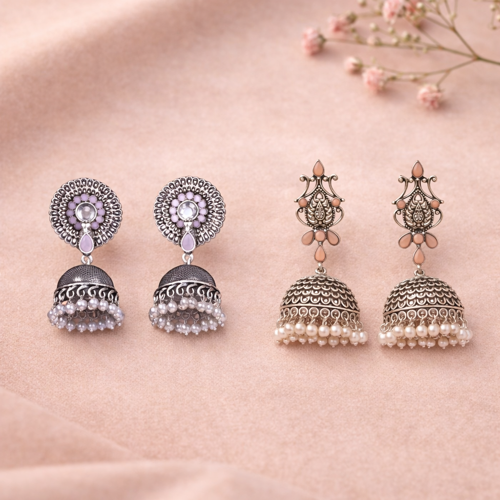Kalash Kamal Jhumka earring (Light Orange)&Evergreen jhumka earrings (Baby Pink) Combo set