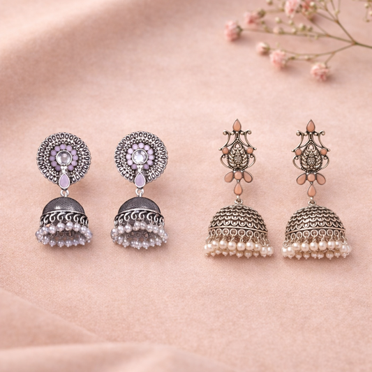 Kalash Kamal Jhumka earring (Light Orange)&Evergreen jhumka earrings (Baby Pink) Combo set