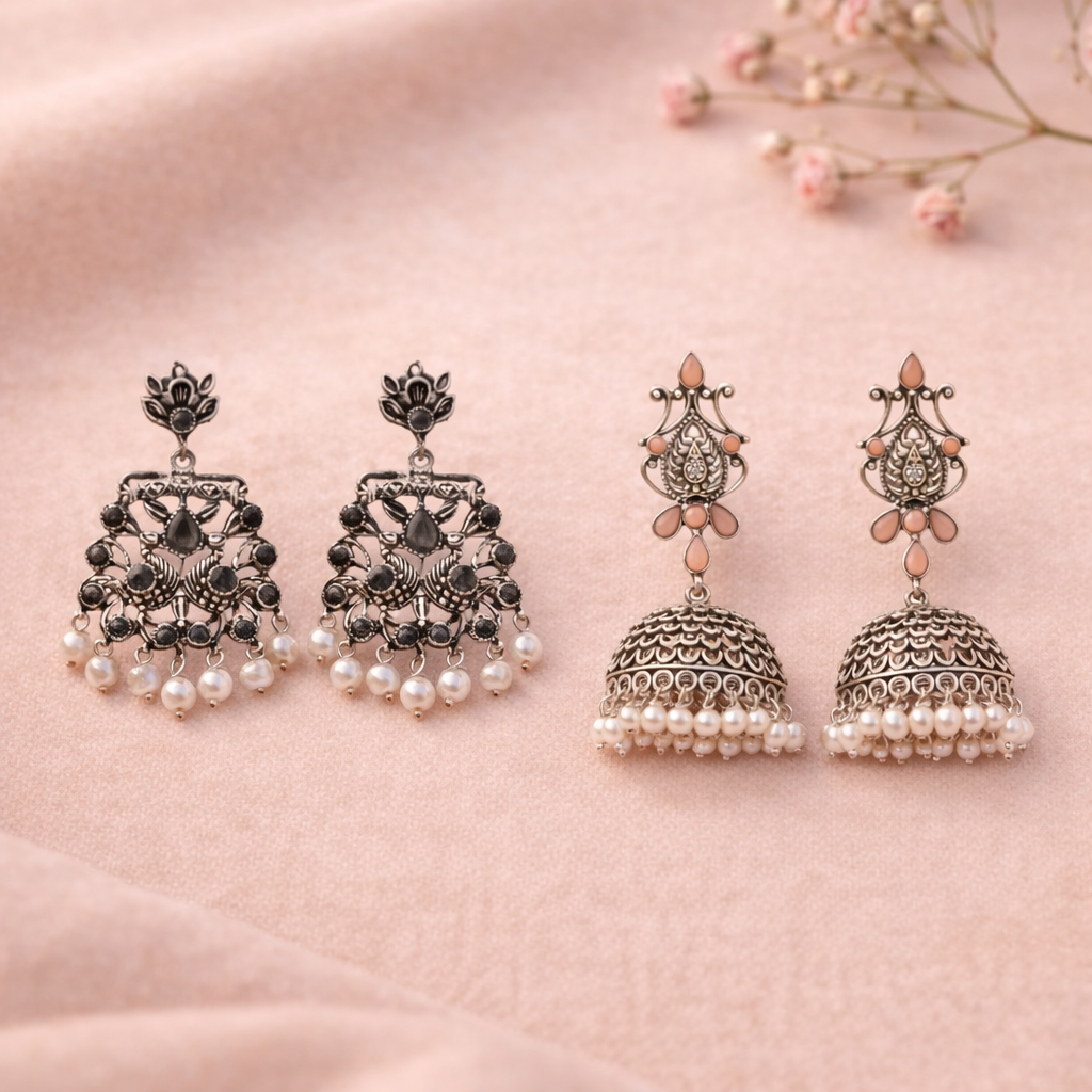 Kalash Kamal Jhumka earring (Light Orange)&Peacock glow stone studded dangler earrings (Black) Combo set