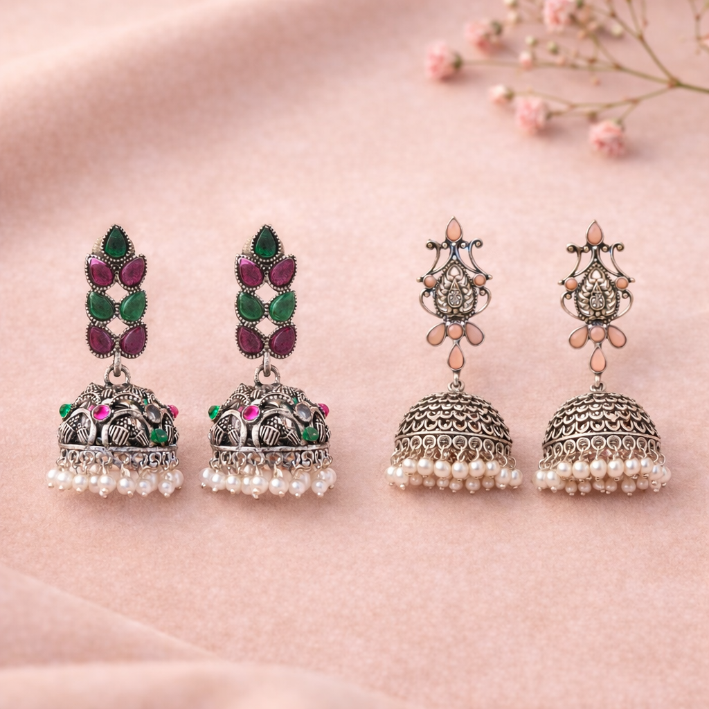 Kalash Kamal Jhumka earring (Light Orange)&Leaf Cascade jhumki earrings (Multicolored) Combo set