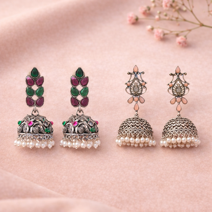 Kalash Kamal Jhumka earring (Light Orange)&Leaf Cascade jhumki earrings (Multicolored) Combo set