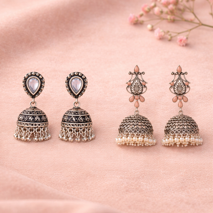 Kalash Kamal Jhumka earring (Light Orange)&Jharokha stone studded jhumki earring (White) Combo set