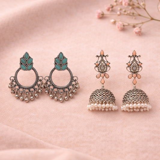 Kalash Kamal Jhumka earring (Light Orange)&Fine Shine stud earrings (Mint) Combo set