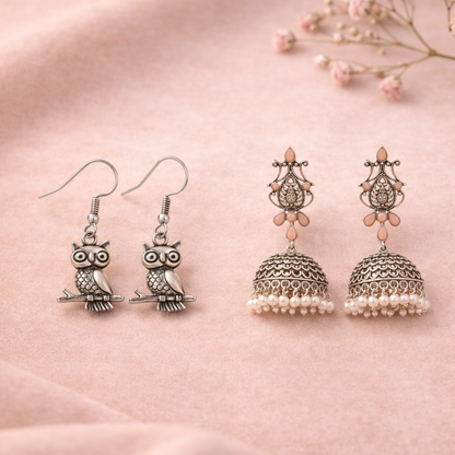 Kalash Kamal Jhumka earring (Light Orange)&Wise Wink dangler earrings (Silver) Combo set