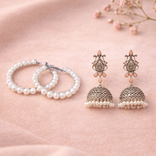 Kalash Kamal Jhumka earring (Light Orange)&Pearl Prestige hoop earrings (White) Combo set