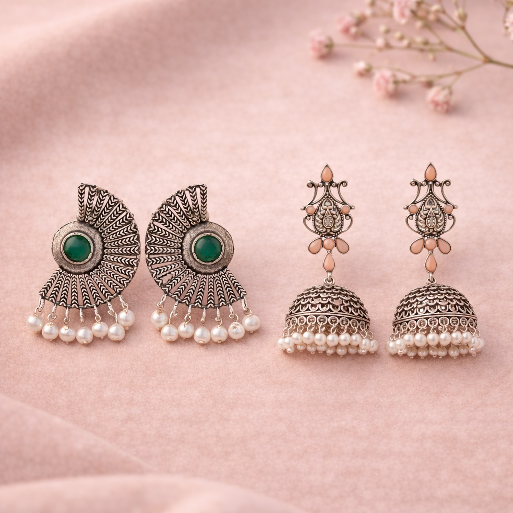 Kalash Kamal Jhumka earring (Light Orange)&Bloom Arc pearl stud earring (Green) Combo set