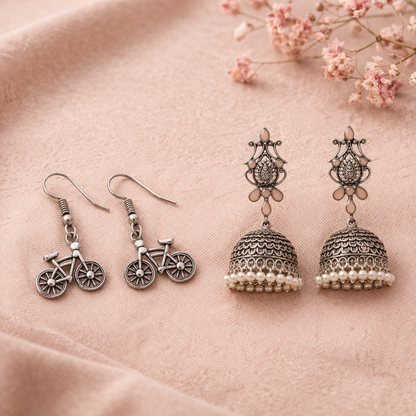 Kalash Kamal Jhumka earring (Light Orange)&Cycle Charm Dangler earrings (Silver) Combo set