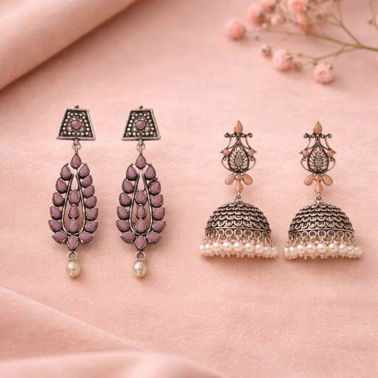 Kalash Kamal Jhumka earring (Light Orange)&Precious Petal stone studded dangler earring (Baby Pink) Combo set