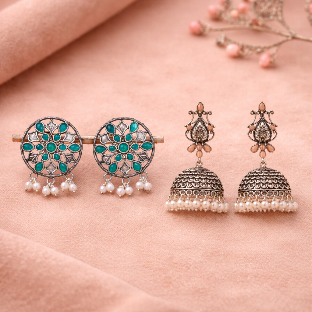Kalash Kamal Jhumka earring (Light Orange)&Glass drops Dangler Earrings (Green) Combo set