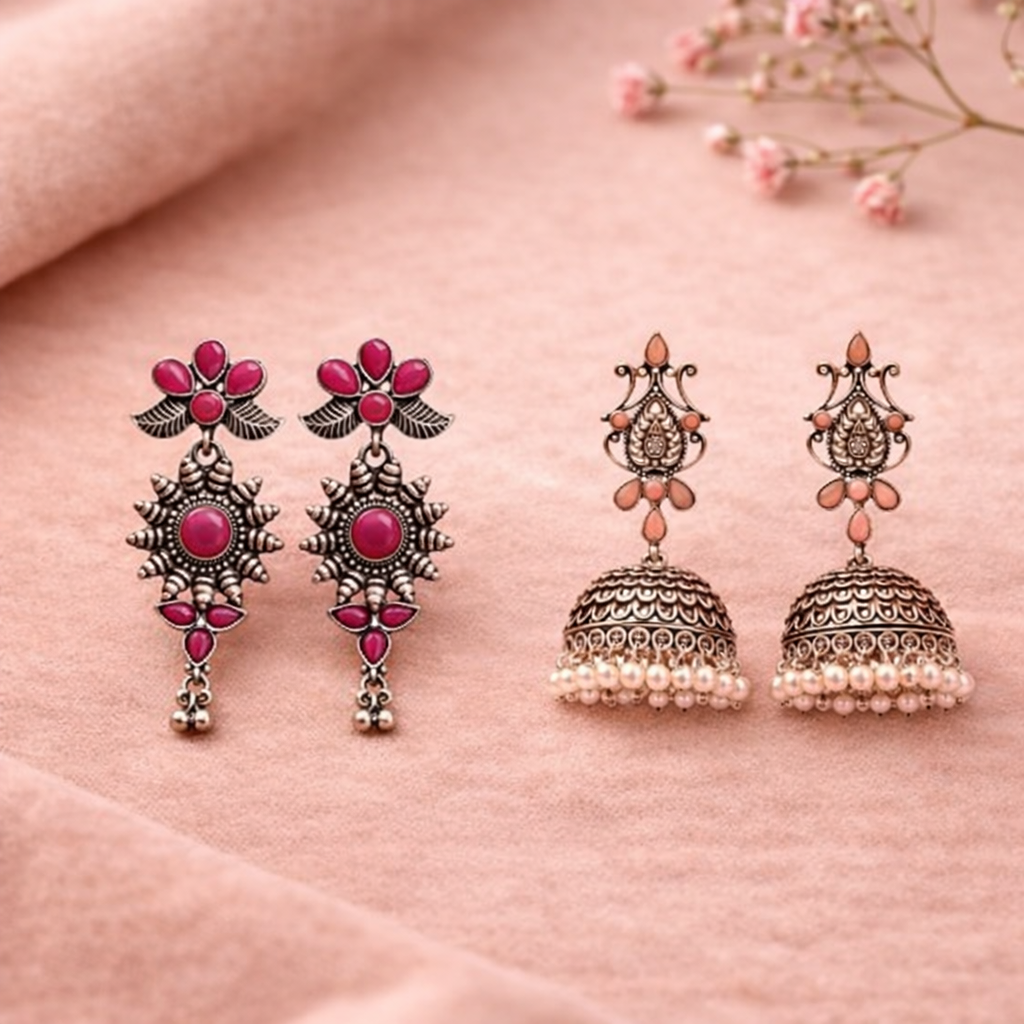 Kalash Kamal Jhumka earring (Light Orange)&FloraSun dangler earrings (Red) Combo set