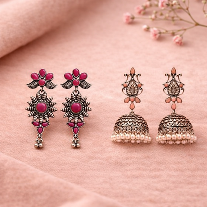 Kalash Kamal Jhumka earring (Light Orange)&FloraSun dangler earrings (Red) Combo set