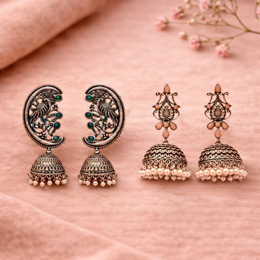 Kalash Kamal Jhumka earring (Light Orange)&Moon-lit Mayur Jhumki earrings (Green) Combo set
