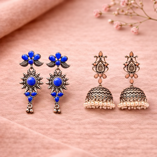 Kalash Kamal Jhumka earring (Light Orange)&FloraSun dangler earrings (Blue) Combo set