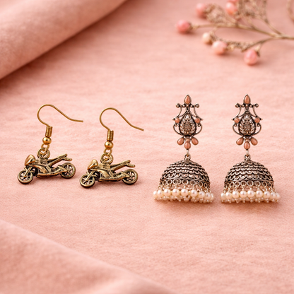 Kalash Kamal Jhumka earring (Light Orange)&Sports Bike Shaped Golden Polished Oxidised Danglers Combo set