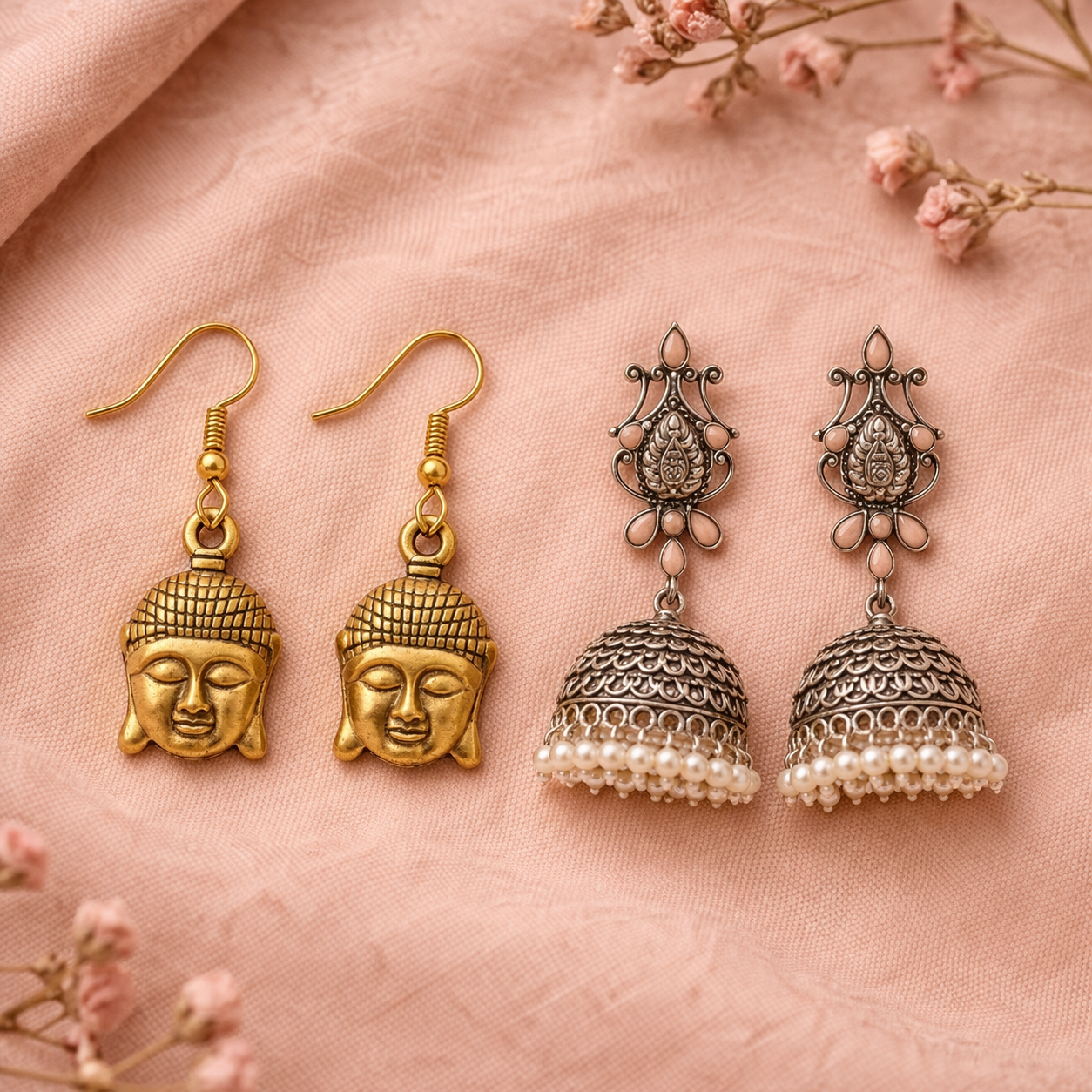 Kalash Kamal Jhumka earring (Light Orange)&Devine aura dangler earrings Combo set