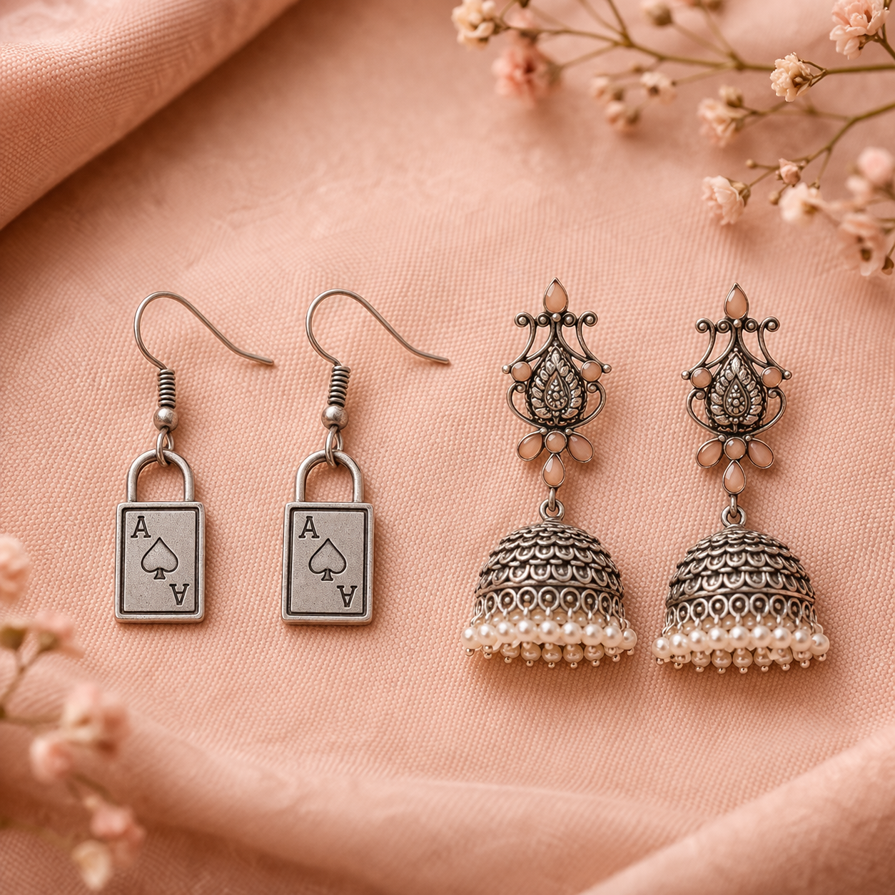 Kalash Kamal Jhumka earring (Light Orange)&The Vault dangler earrings (Silver) Combo set