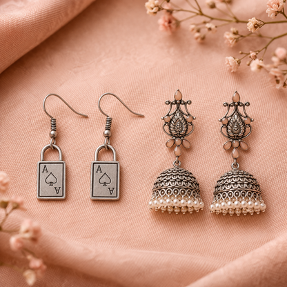 Kalash Kamal Jhumka earring (Light Orange)&The Vault dangler earrings (Silver) Combo set