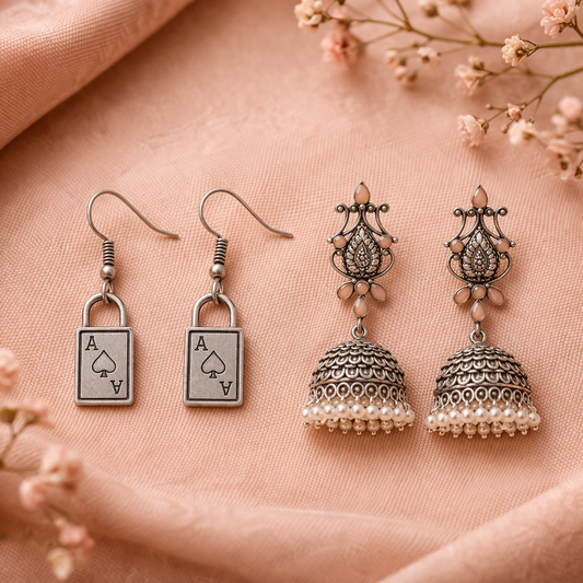 Kalash Kamal Jhumka earring (Light Orange)&The Vault dangler earrings (Silver) Combo set