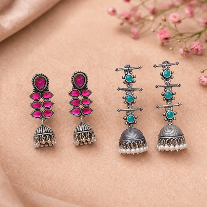 Dazzle Dash Jhumki earring (Red) Royal Triple Bell Layered Jhumka Earring (Green) Combo set