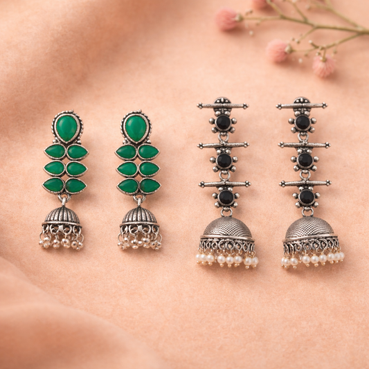 Dazzle Dash Jhumki earring (Green) Royal Triple Bell Layered Jhumka Earring (Black) Combo set