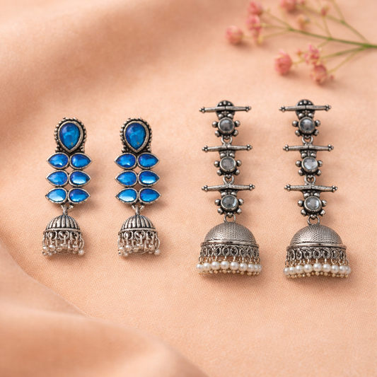 Dazzle Dash Jhumki earring (Blue) Royal Triple Bell Layered Jhumka Earring (White) Combo set