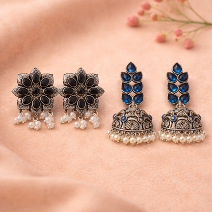 Jugni vibrant stud earrings (Black) Leaf Cascade jhumki earrings (Blue) Combo set