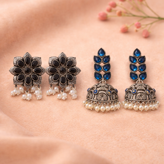 Jugni vibrant stud earrings (Black) Leaf Cascade jhumki earrings (Blue) Combo set