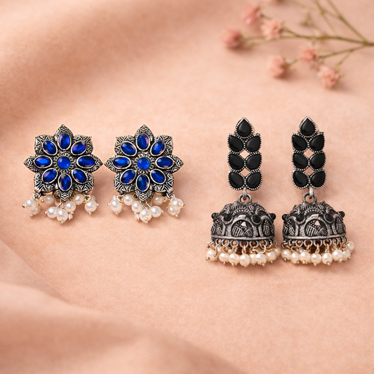 Jugni vibrant stud earrings & Leaf Cascade jhumki earrings Combo set
