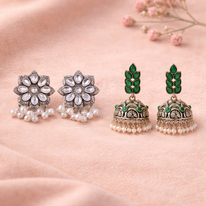 Jugni vibrant stud earrings &Leaf Cascade jhumki earrings Combo set