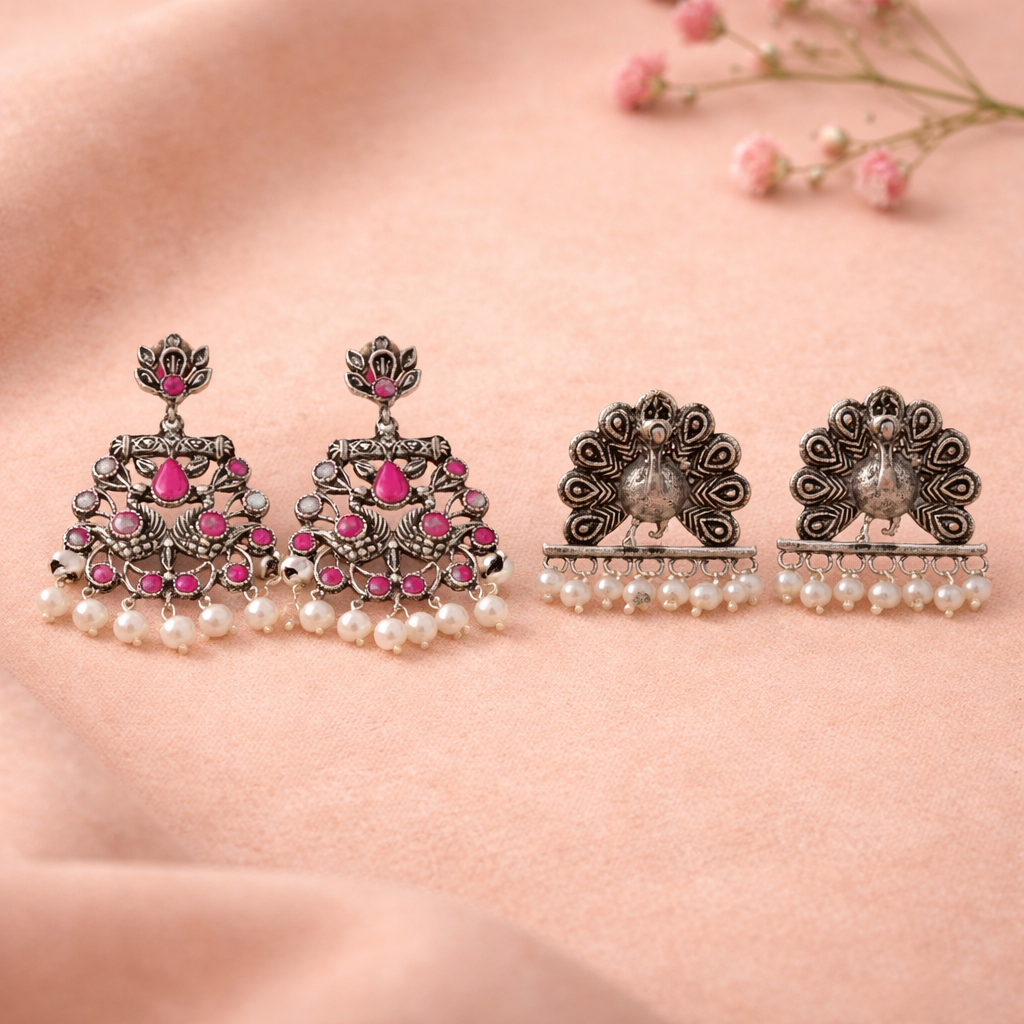 Peacock glow stone studded dangler earrings & Meena Manjari stone stud earrings Combo set