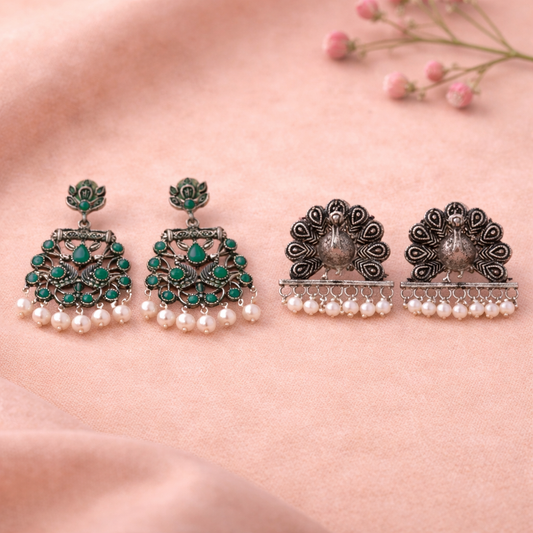Peacock glow stone studded dangler earrings & Meena Manjari stone stud earrings Combo set