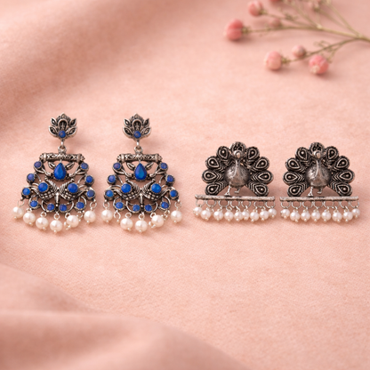 Peacock glow stone studded dangler earrings (Blue)&Meena Manjari stone stud earrings (Silver) Combo set