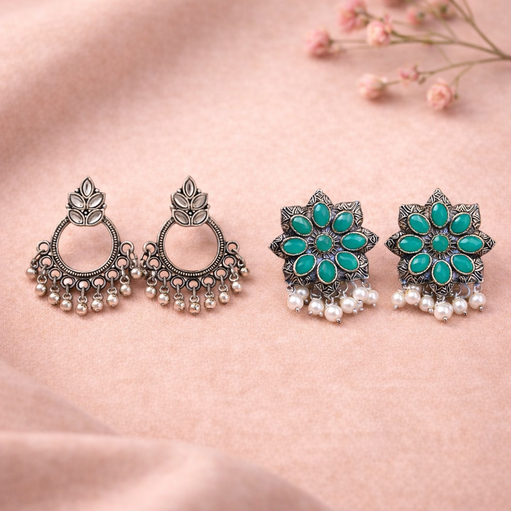Jugni vibrant stud earrings (Green) & Fine Shine stud earrings (White) Combo set