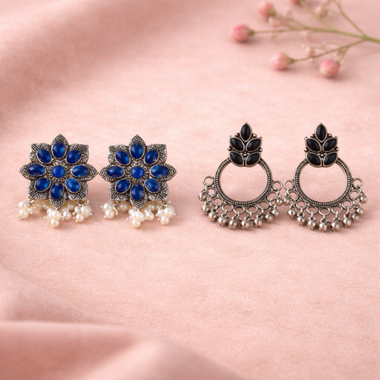 Jugni vibrant stud earrings (Blue) &Fine Shine stud earrings (Black) Combo set