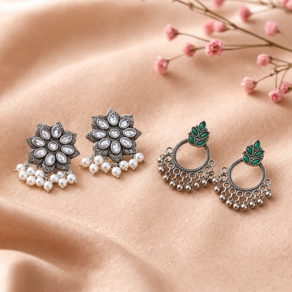 Jugni vibrant stud earrings (White)& Fine Shine stud earrings (Green) Combo set