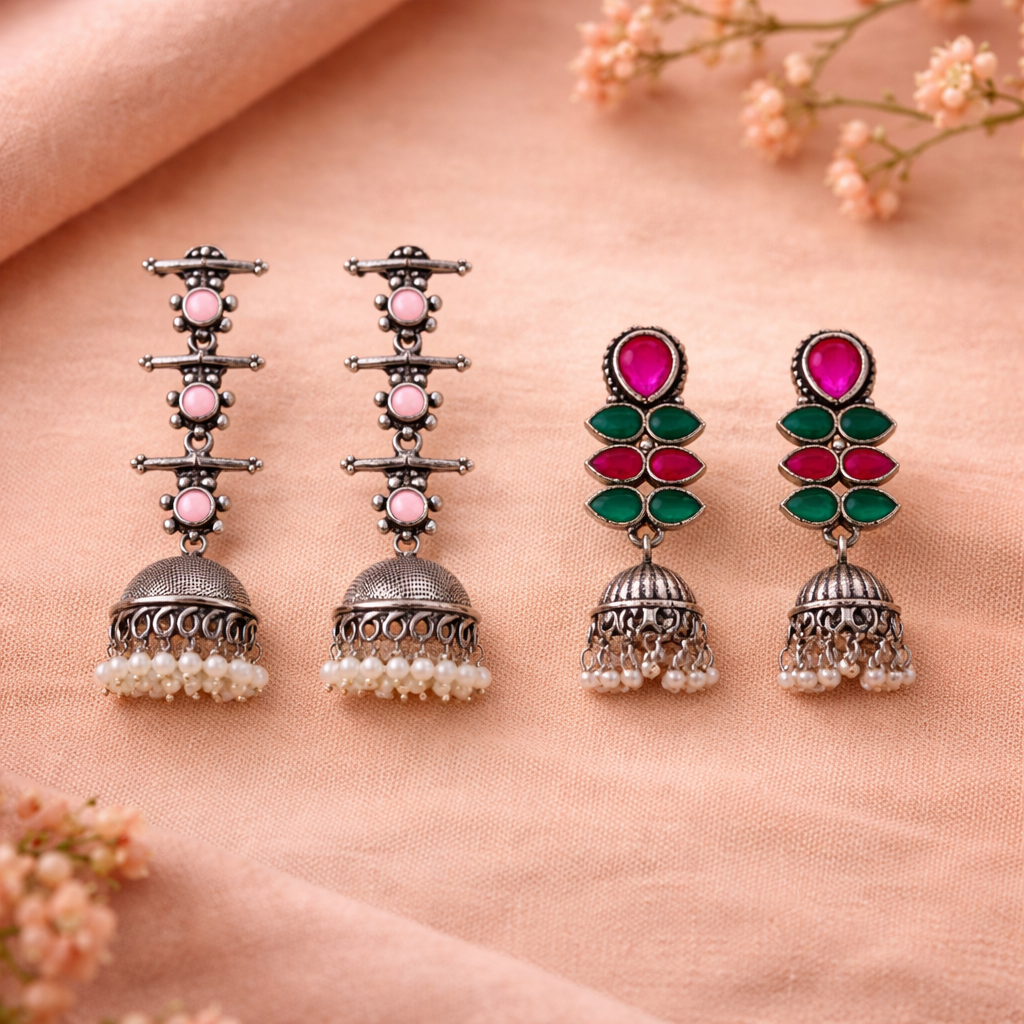 Dazzle Dash Jhumki earring (Multicolored)&Royal Triple Bell Layered Jhumka Earring (Baby Pink) Combo set