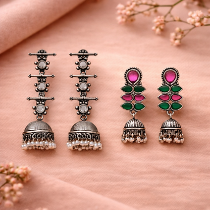 Dazzle Dash Jhumki earring (Multicolored)&Royal Triple Bell Layered Jhumka Earring (White) Combo set